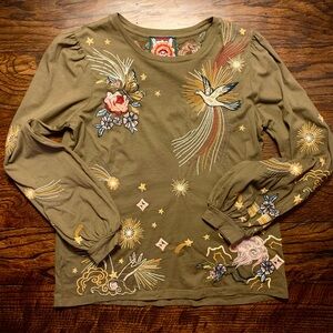 Johnny Was Green Embroidered Shirt Size Small